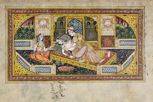 Een man het hof maakt aan een vrouw in een boudoir scène, Rajasthani miniatuurschilderij